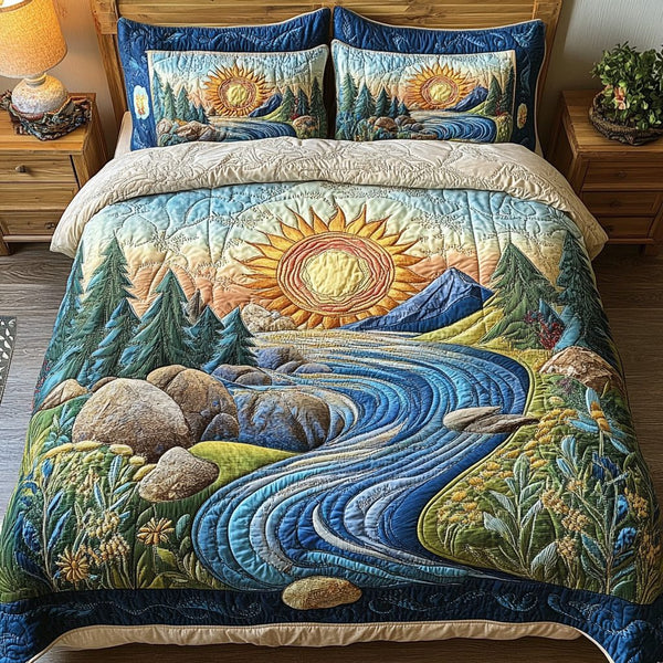 Nature Symphony quilted 3-piece bedding set on a made bed with two matching pillow shams
