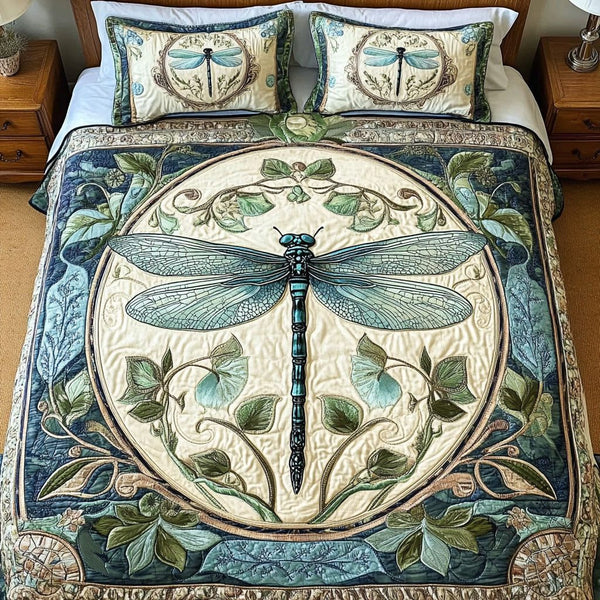 Nature Symphony quilted 3-piece bedding set on a made bed with two matching pillow shams