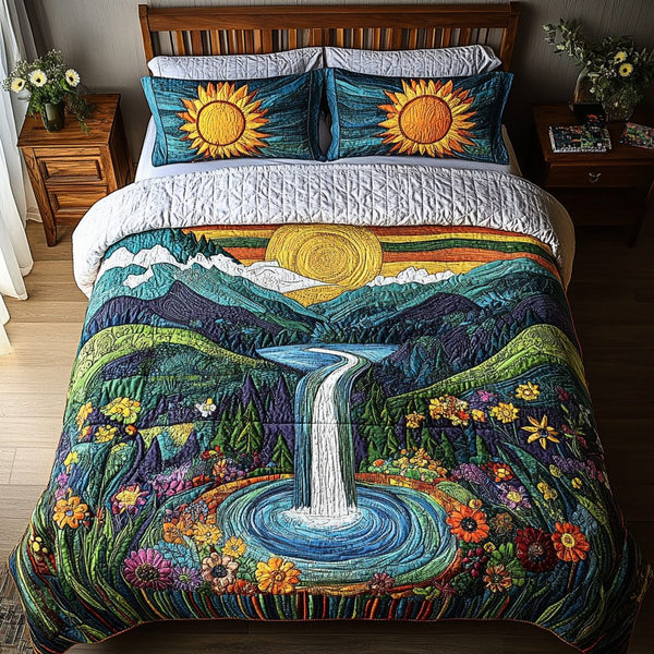 Nature Veil quilted 3-piece bedding set on a made bed with two matching pillow shams