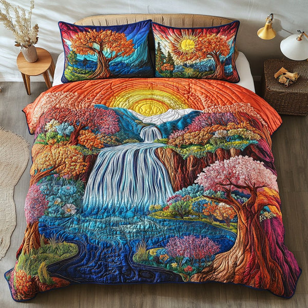 Nature Veil quilted 3-piece bedding set on a made bed with two matching pillow shams