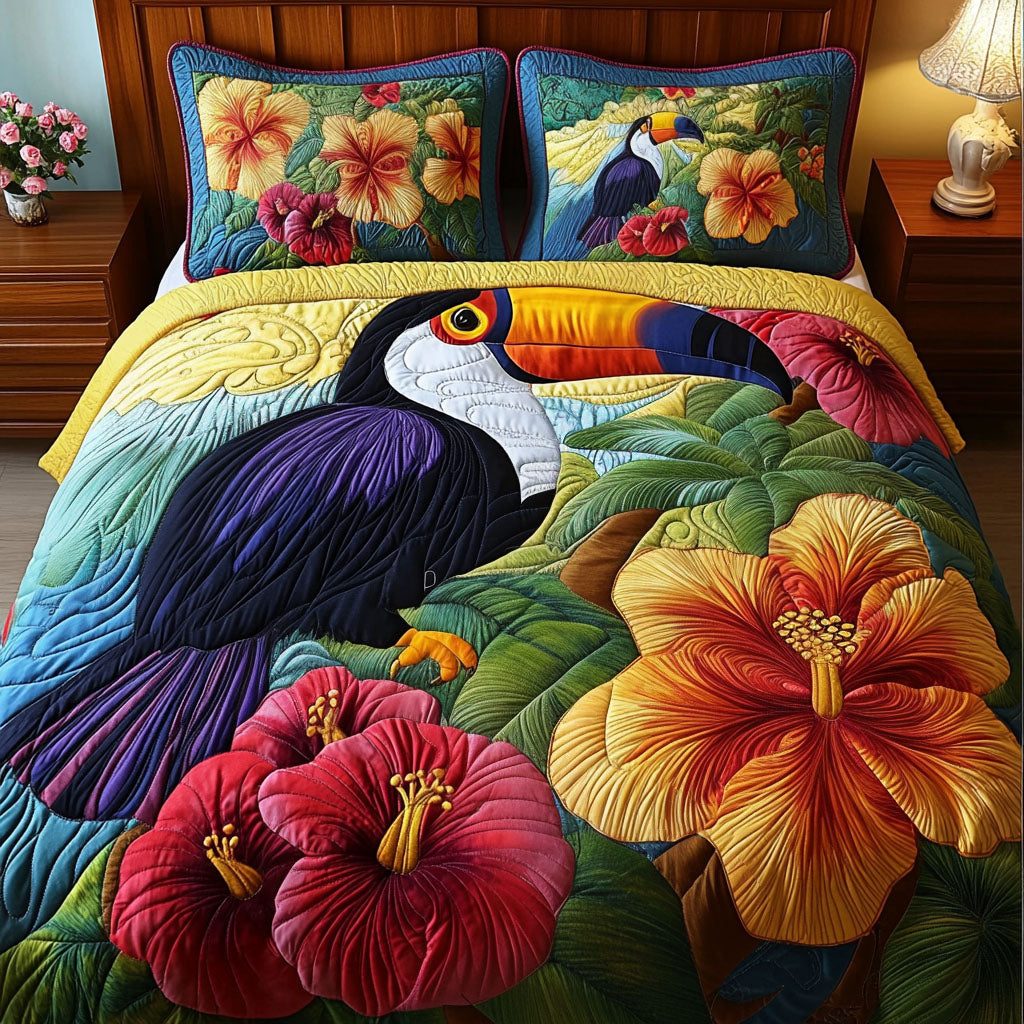 Nature Vibrance quilted 3-piece bedding set on a made bed with two matching pillow shams