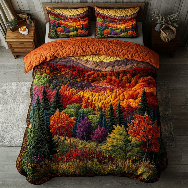 Nature View quilted 3-piece bedding set on a made bed with two matching pillow shams
