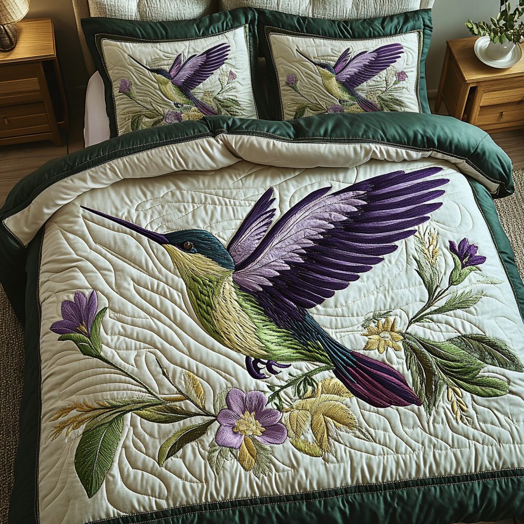 Nature Whirl quilted 3-piece bedding set on a made bed with two matching pillow shams
