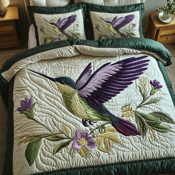 Nature Whirl quilted 3-piece bedding set on a made bed with two matching pillow shams