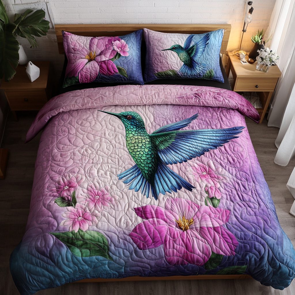 Nature Whisper quilted 3-piece bedding set on a made bed with two matching pillow shams