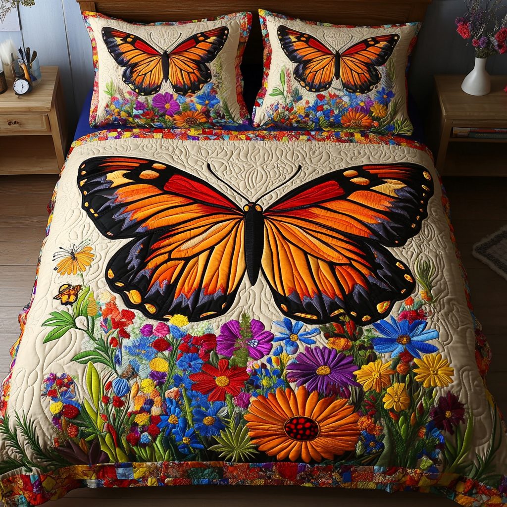 Nature Wings quilted 3-piece bedding set on a made bed with two matching pillow shams