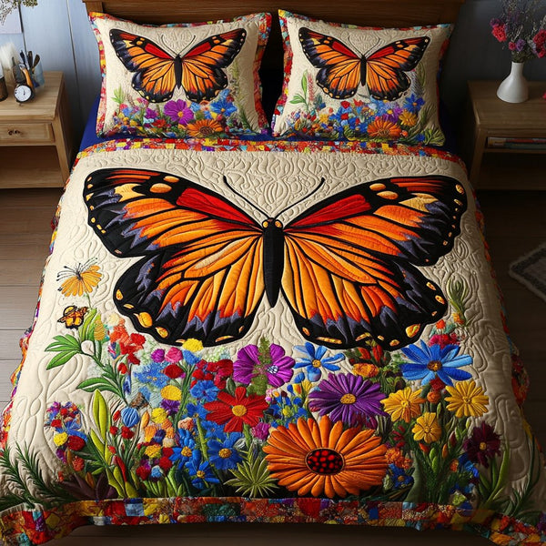 Nature Wings quilted 3-piece bedding set on a made bed with two matching pillow shams