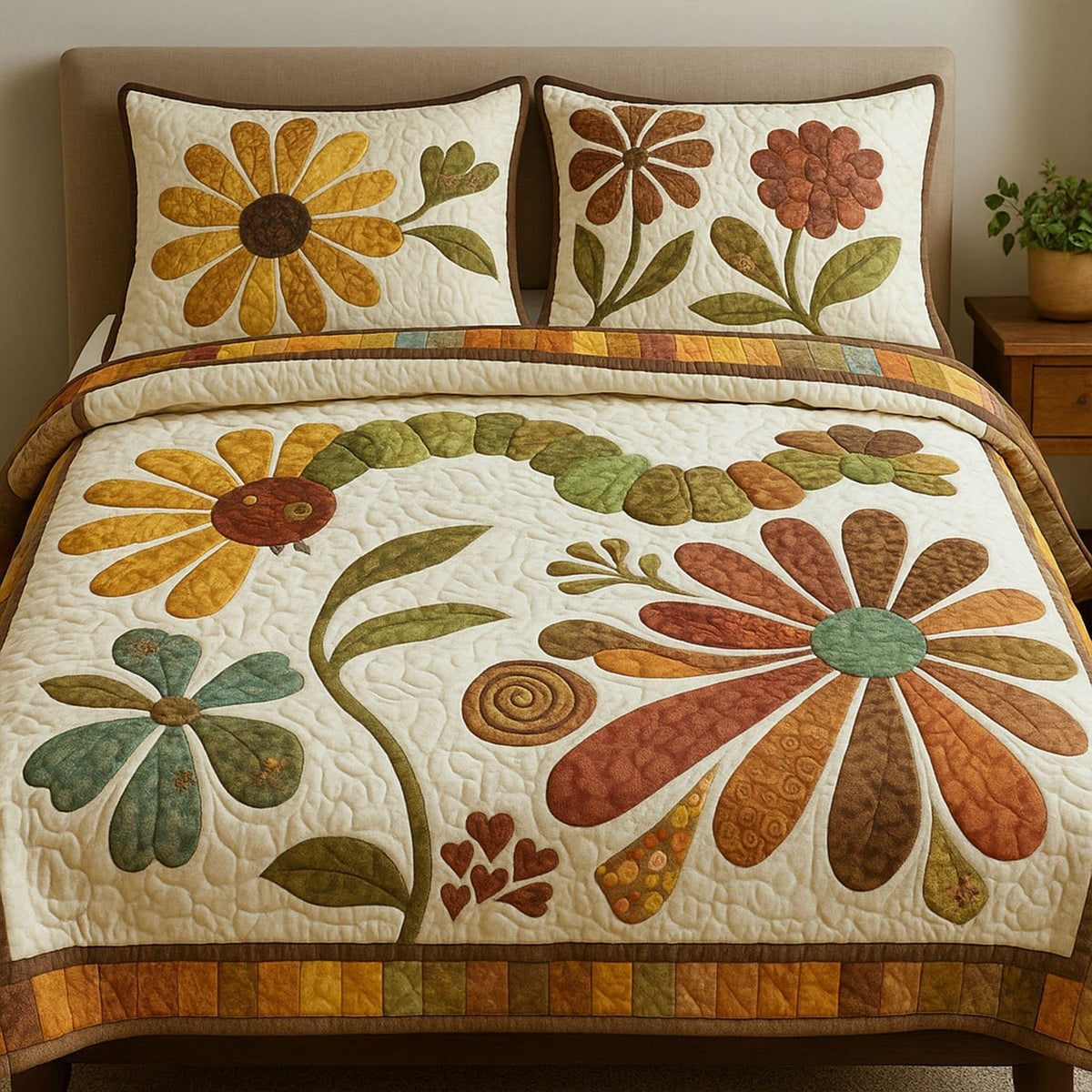Natures Beauty quilted 3-piece bedding set on a made bed with two matching pillow shams