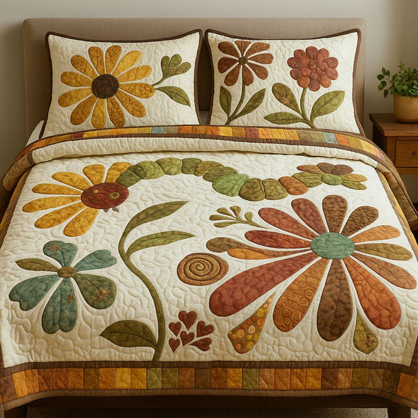 Natures Beauty quilted 3-piece bedding set on a made bed with two matching pillow shams