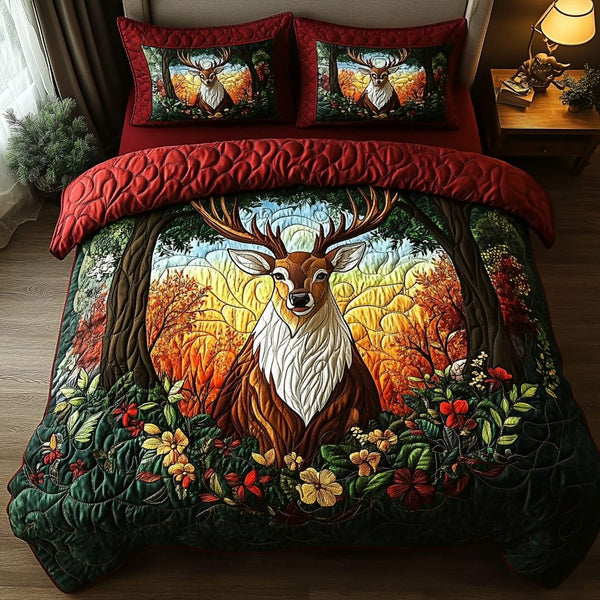 Natures Crown quilted 3-piece bedding set on a made bed with two matching pillow shams