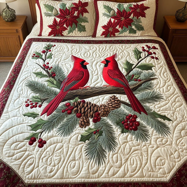 Natures Noel quilted 3-piece bedding set on a made bed in a winter-styled bedroom