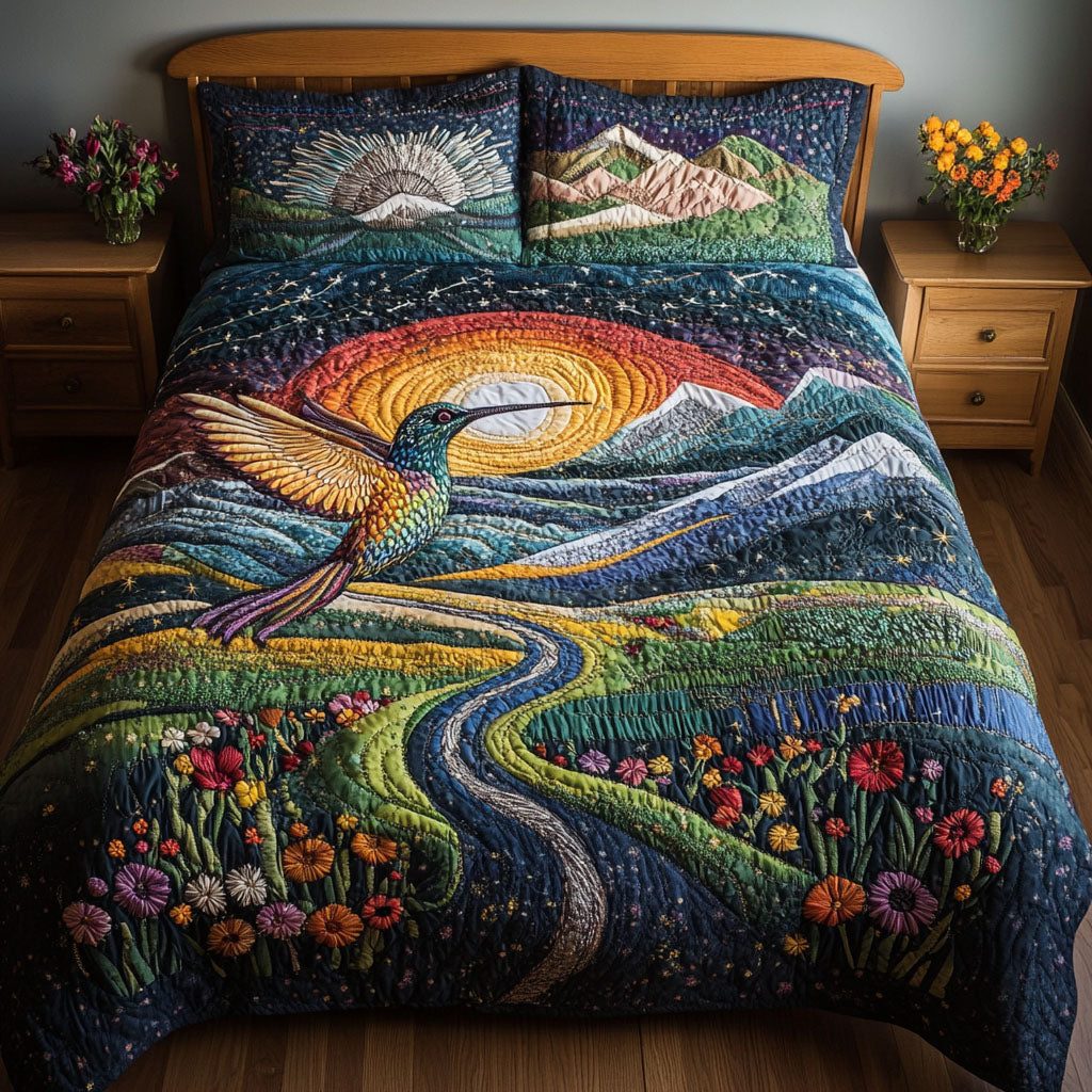Natures Spark quilted 3-piece bedding set on a made bed with two matching pillow shams