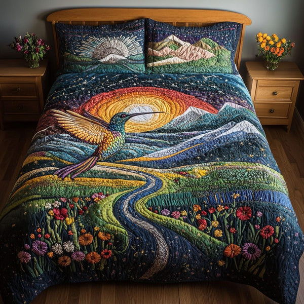 Natures Spark quilted 3-piece bedding set on a made bed with two matching pillow shams