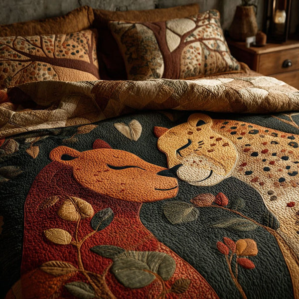Natures Tender Bond quilted 3-piece bedding set on a made bed with two matching pillow shams