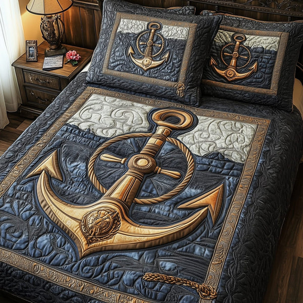 Nautical Anchor quilted 3-piece bedding set on a made bed in a light coastal bedroom