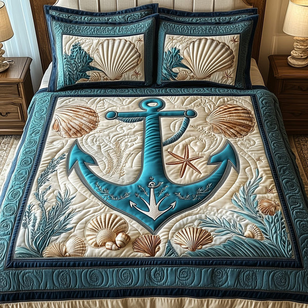 Nautical Anchor quilted 3-piece bedding set on a made bed in a light coastal bedroom