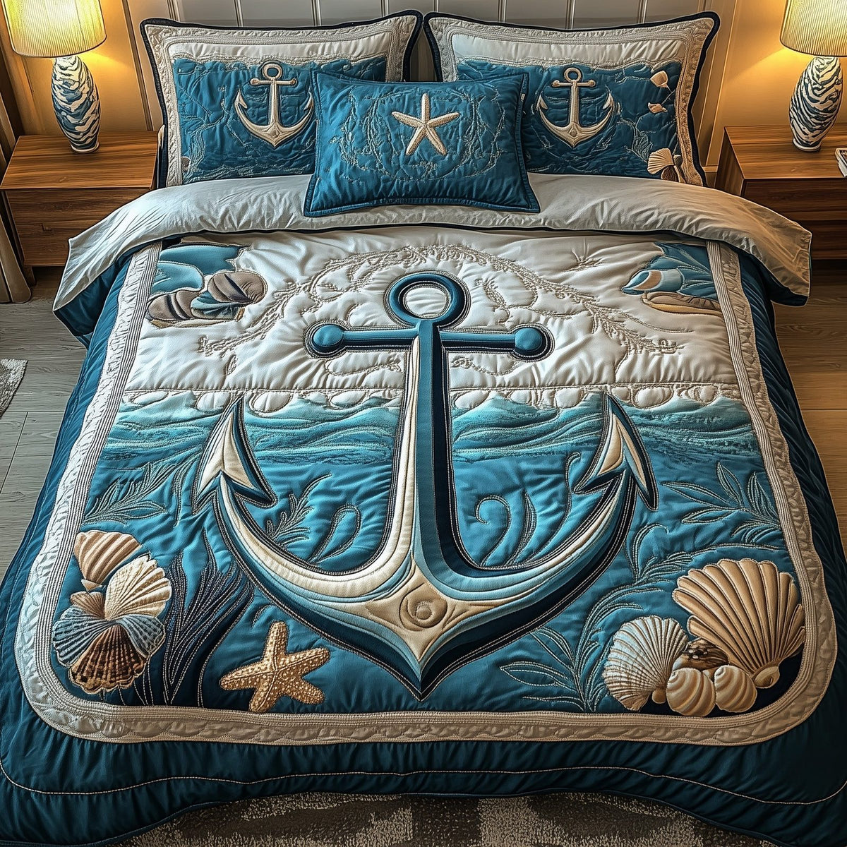 Nautical Anchor quilted 3-piece bedding set on a made bed in a light coastal bedroom