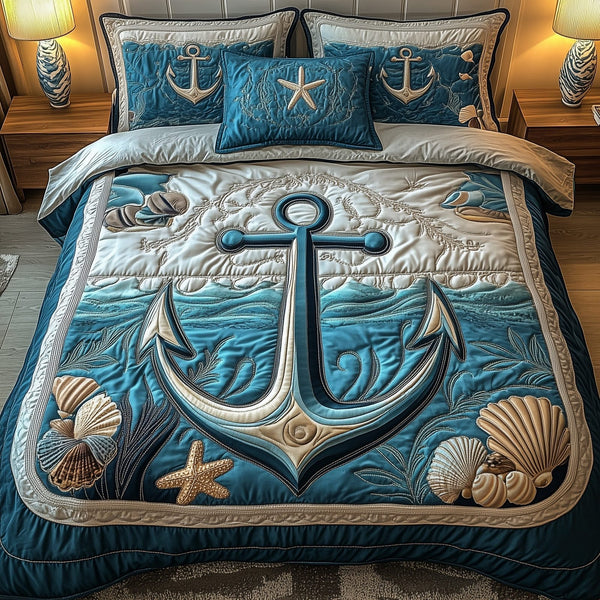 Nautical Anchor quilted 3-piece bedding set on a made bed in a light coastal bedroom