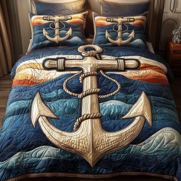 Nautical Anchor quilted 3-piece bedding set on a made bed in a light coastal bedroom