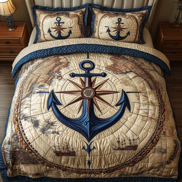 Nautical Anchor quilted 3-piece bedding set on a made bed in a light coastal bedroom