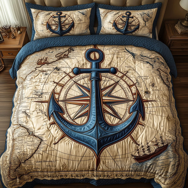 Nautical Anchor quilted 3-piece bedding set on a made bed in a light coastal bedroom