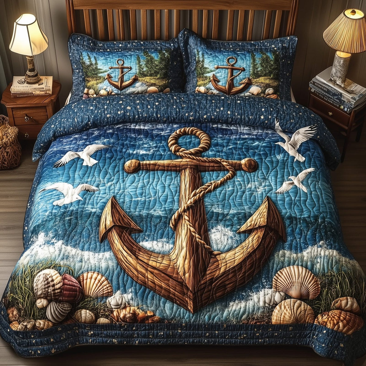 Nautical Anchor quilted 3-piece bedding set on a made bed in a light coastal bedroom