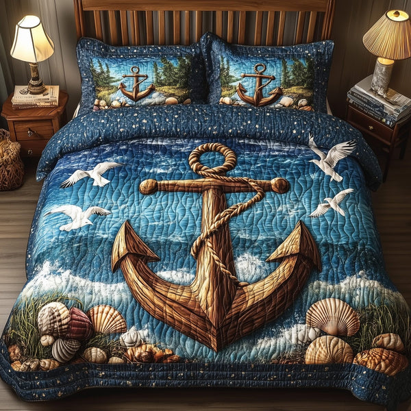 Nautical Anchor quilted 3-piece bedding set on a made bed in a light coastal bedroom