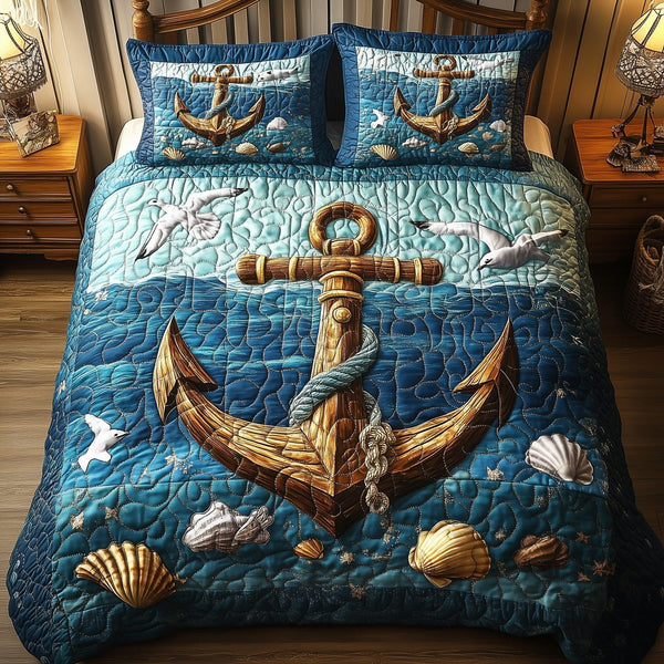Nautical Anchor quilted 3-piece bedding set on a made bed in a light coastal bedroom