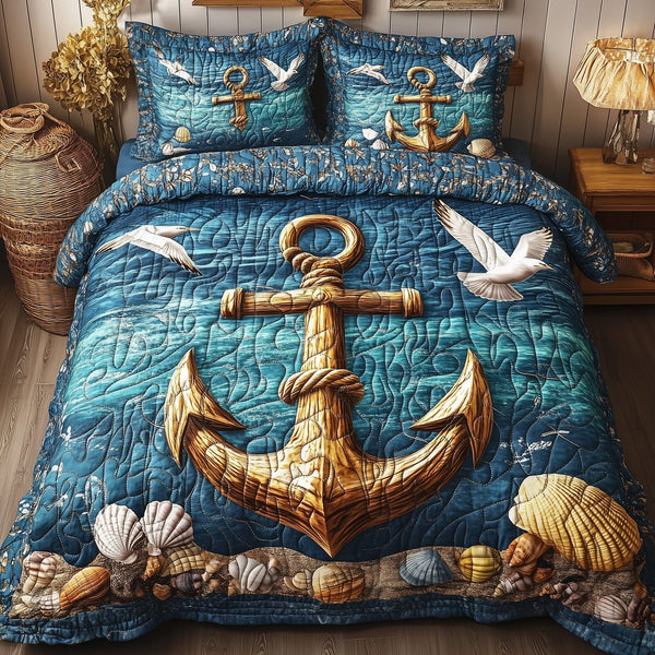 Nautical Anchor quilted 3-piece bedding set on a made bed in a light coastal bedroom