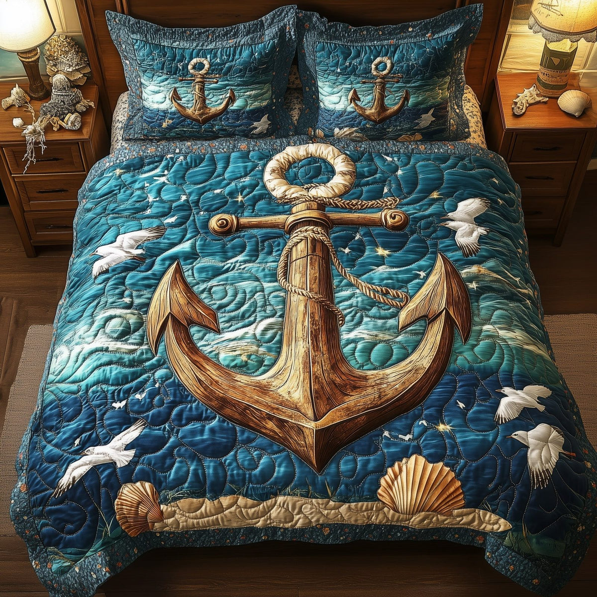 Nautical Anchor quilted 3-piece bedding set on a made bed in a light coastal bedroom