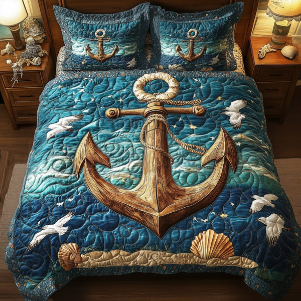 Nautical Anchor quilted 3-piece bedding set on a made bed in a light coastal bedroom
