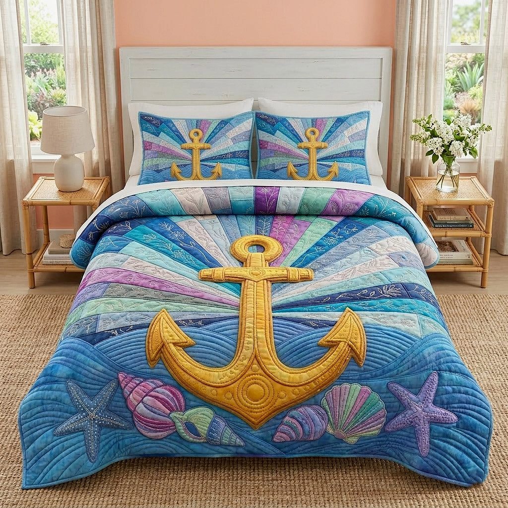 Nautical Anchor quilted 3-piece bedding set on a made bed in a light coastal bedroom