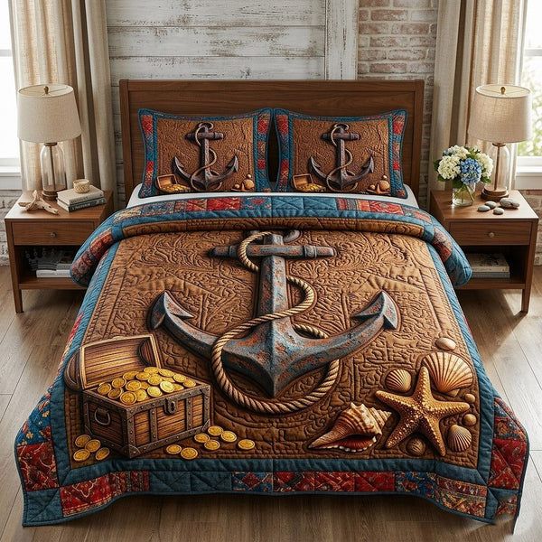 Nautical Anchor quilted 3-piece bedding set on a made bed in a light coastal bedroom