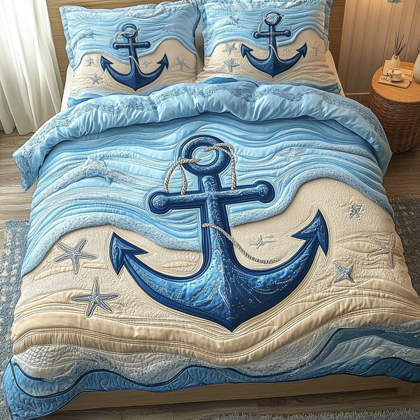 Nautical Anchor quilted 3-piece bedding set on a made bed in a light coastal bedroom