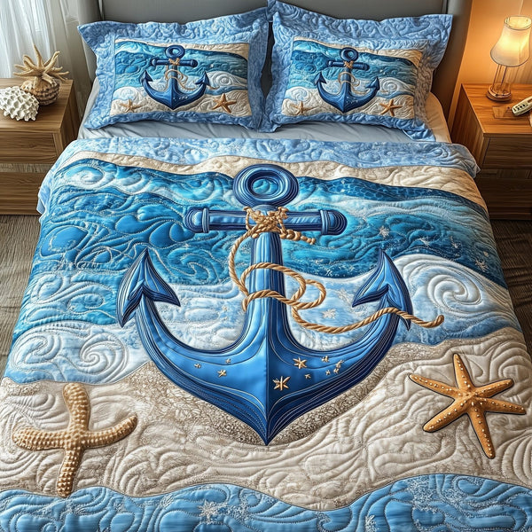 Nautical Anchor quilted 3-piece bedding set on a made bed in a light coastal bedroom