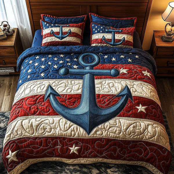 Nautical Anchor quilted 3-piece bedding set on a made bed in a light coastal bedroom