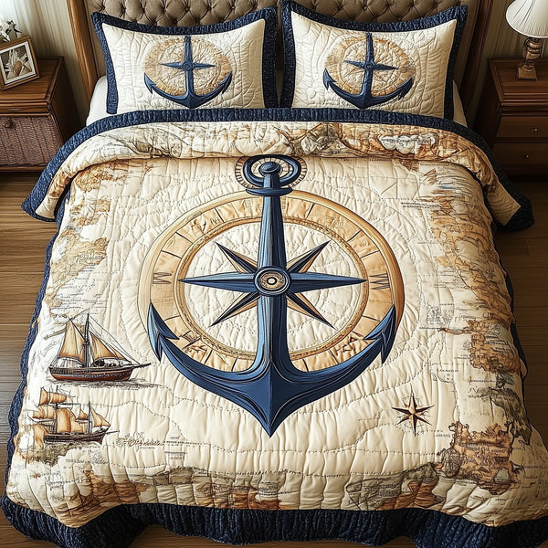 Nautical Anchor quilted 3-piece bedding set on a made bed in a light coastal bedroom