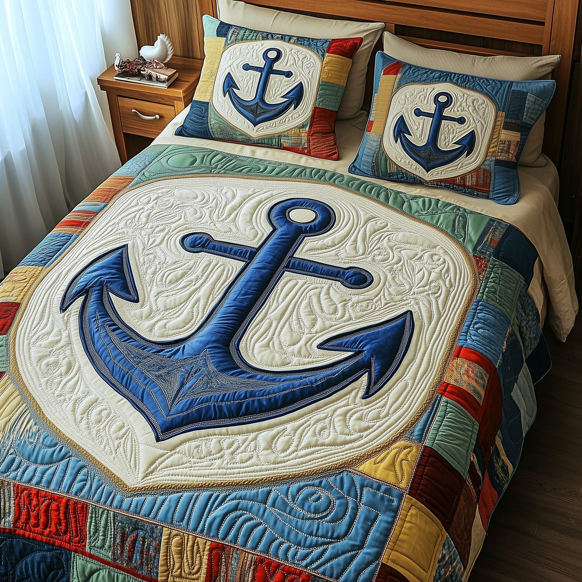 Nautical Anchor quilted 3-piece bedding set on a made bed in a light coastal bedroom