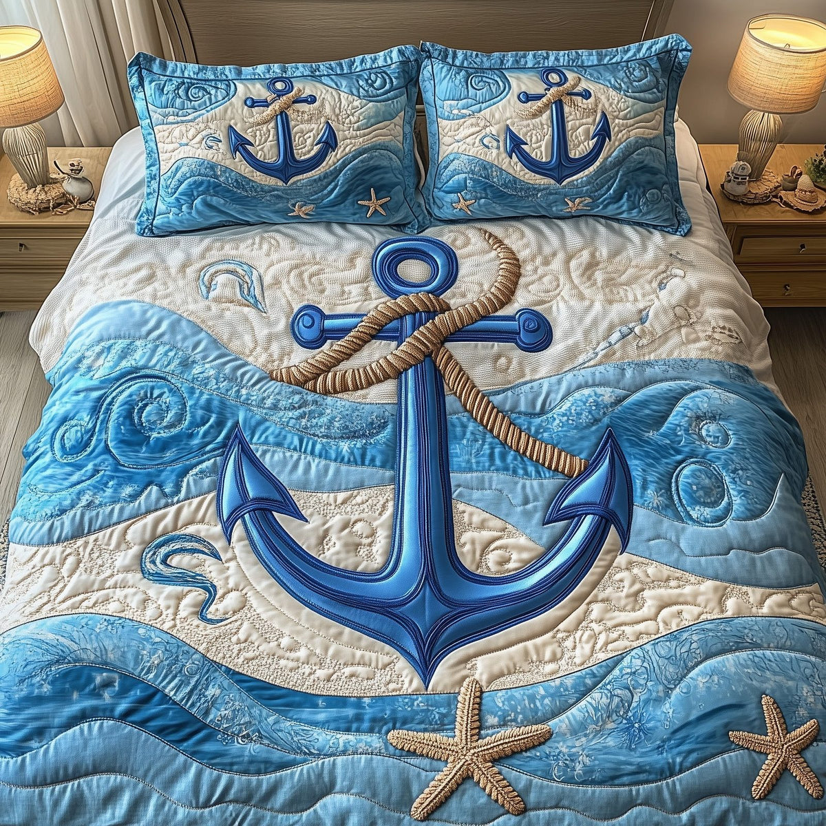 Nautical Anchor quilted 3-piece bedding set on a made bed in a light coastal bedroom