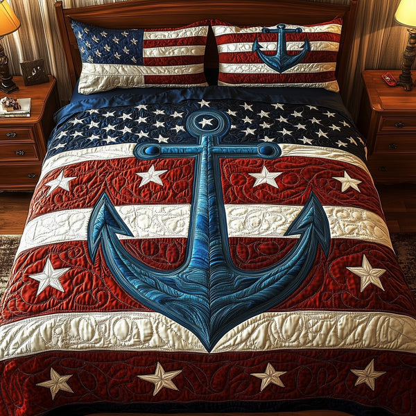 Nautical Anchor quilted 3-piece bedding set on a made bed in a light coastal bedroom