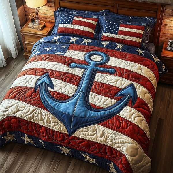 Nautical Anchor quilted 3-piece bedding set on a made bed in a light coastal bedroom