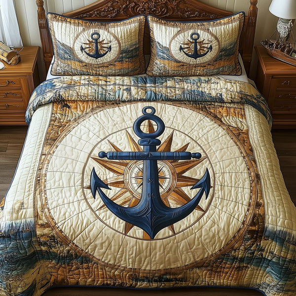 Nautical Anchor quilted 3-piece bedding set on a made bed in a light coastal bedroom