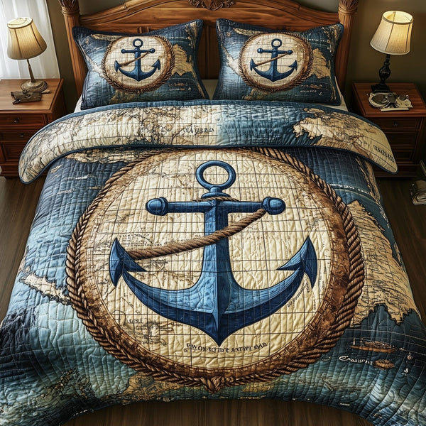 Nautical Anchor quilted 3-piece bedding set on a made bed in a light coastal bedroom