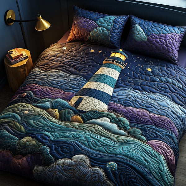 Nautical Beacon quilted 3-piece bedding set on a made bed in a light coastal bedroom