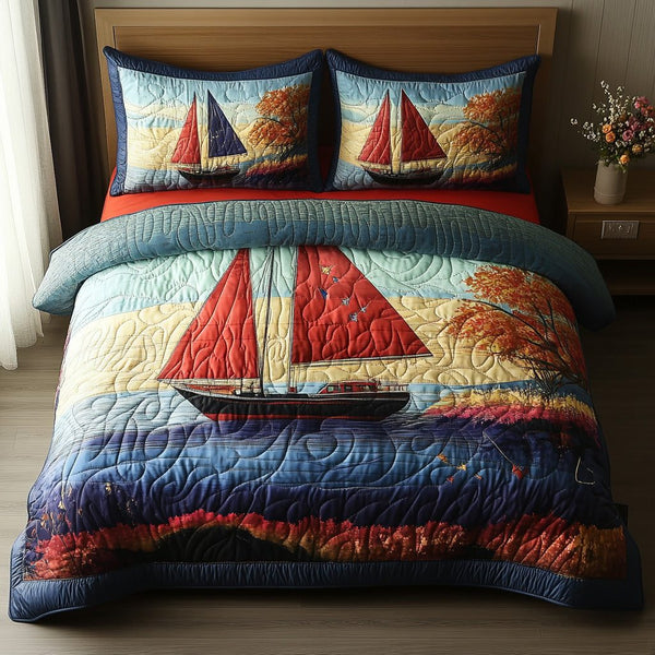 Nautical Bloom quilted 3-piece bedding set on a made bed in a light coastal bedroom