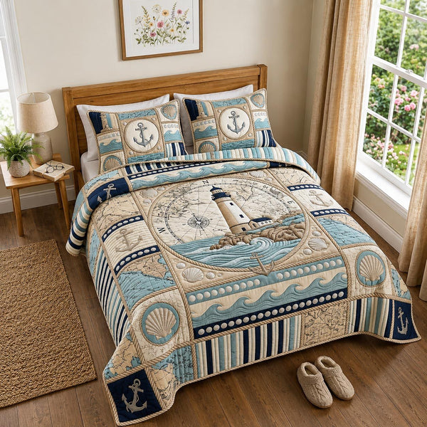 Nautical Breeze quilted 3-piece bedding set on a made bed in a light coastal bedroom