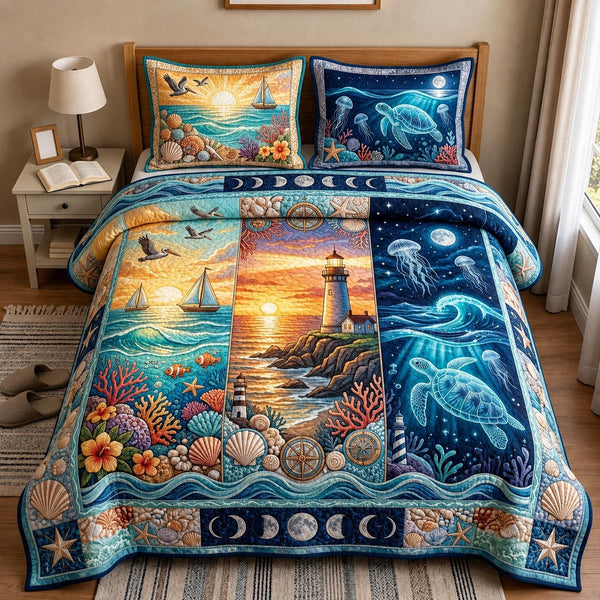 Nautical Breeze quilted 3-piece bedding set on a made bed in a light coastal bedroom