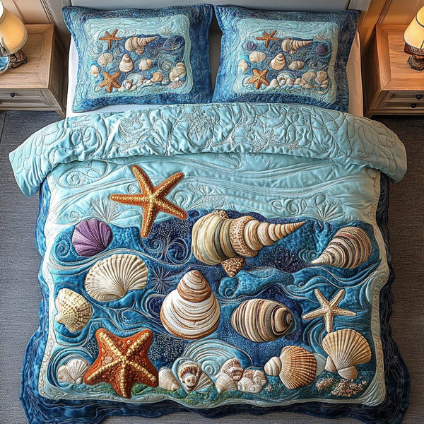 Nautical Charm quilted 3-piece bedding set on a made bed in a light coastal bedroom