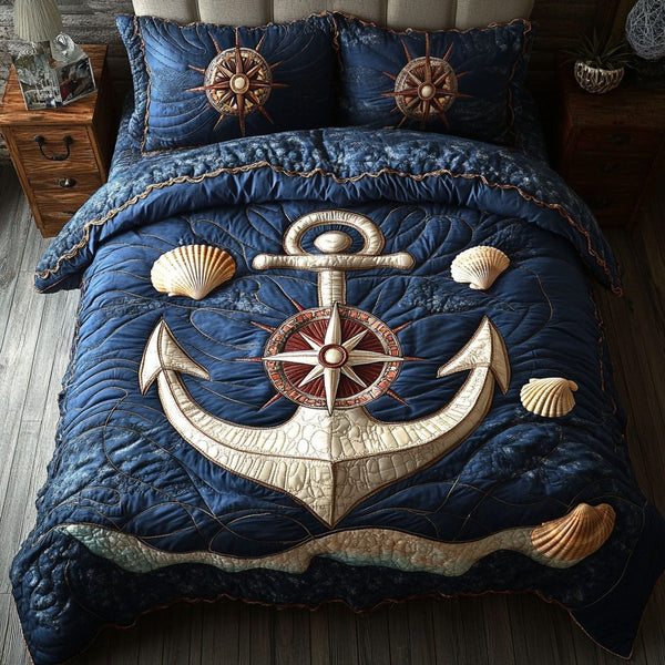 Nautical Compass quilted 3-piece bedding set on a made bed in a light coastal bedroom