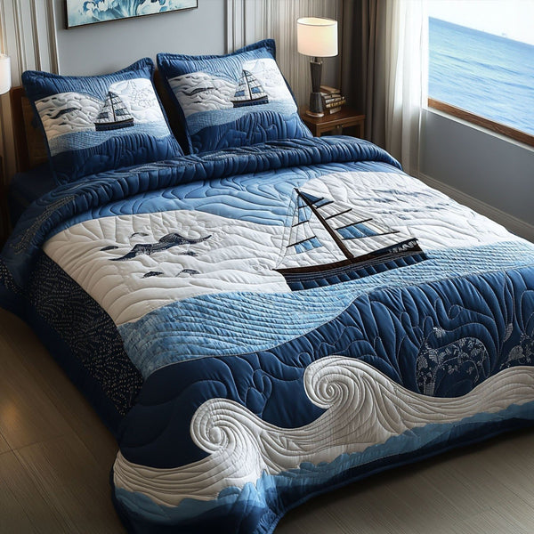 Nautical Dream quilted 3-piece bedding set on a made bed in a light coastal bedroom